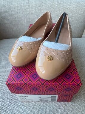 Tory Burch Beige Patent Quilted Logo Ballet Flats